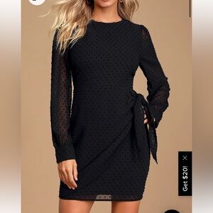 Lulus XL  Black Swiss Dot Long Sleeve Tie-Front Mini Dress